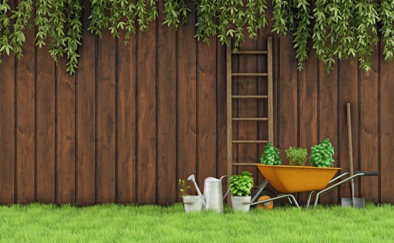 prix clôture bois composite, jardin avec une palissade en bois pour faire office de clôture