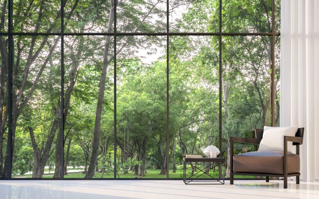 Baie vitrée d'un salon moderne avec vue sur végétation, prix baie vitrée