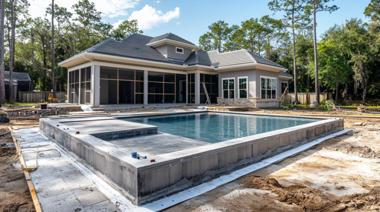 Une piscine en construction dans le jardin d'une grande maison