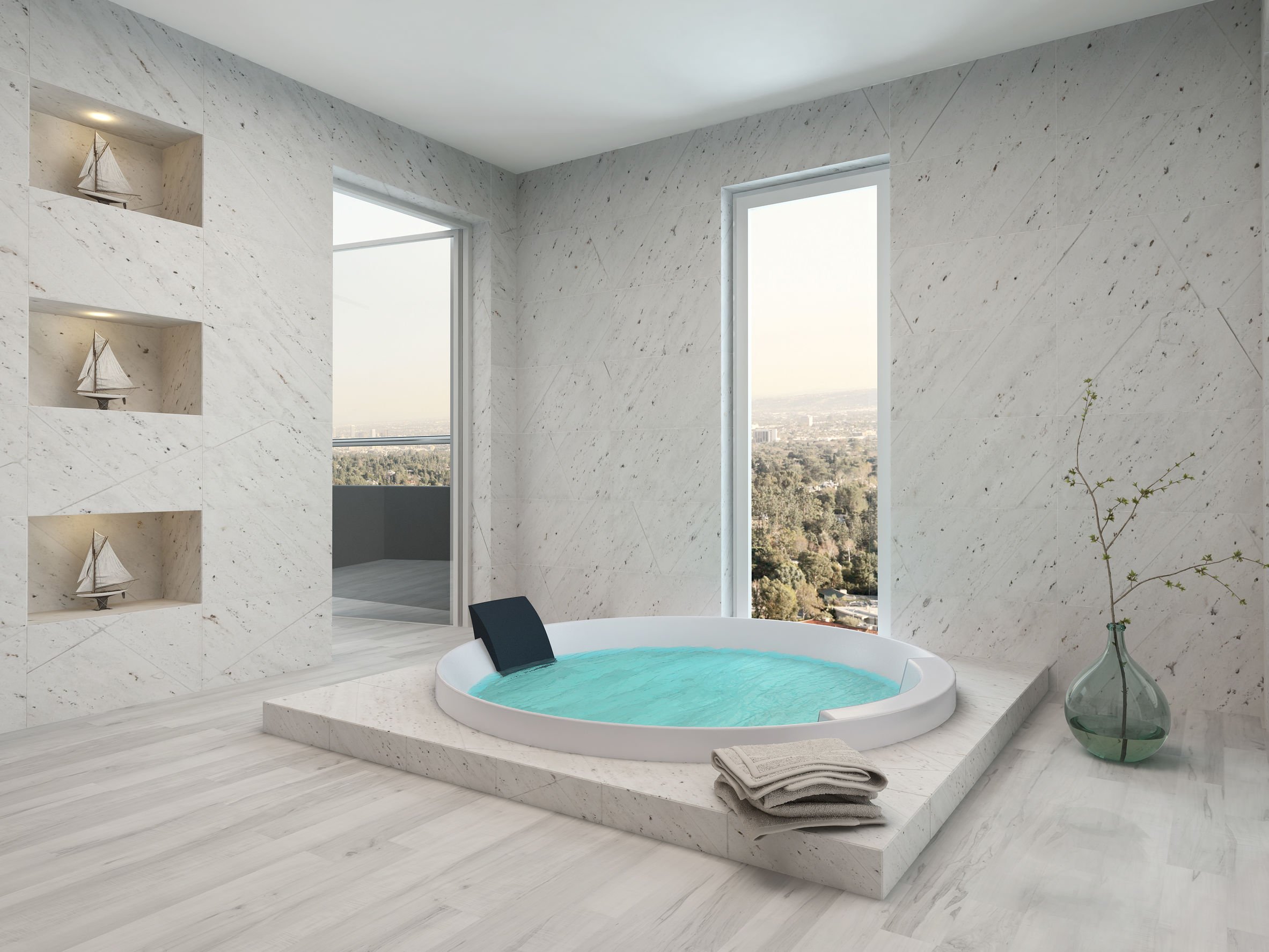 Salle de bain moderne avec parquet au sol et jacuzzi