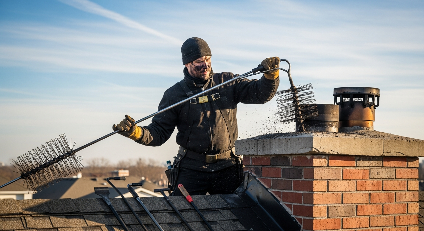 Professionnel pendant le ramonage d'une cheminée