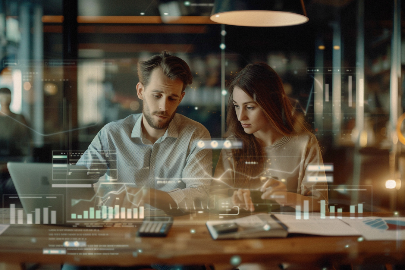Photo d’un jeune couple assis à une table en bois, en train d’analyser des documents financiers avec une calculatrice et un ordinateur portable affichant une simulation de prêt immobilier.