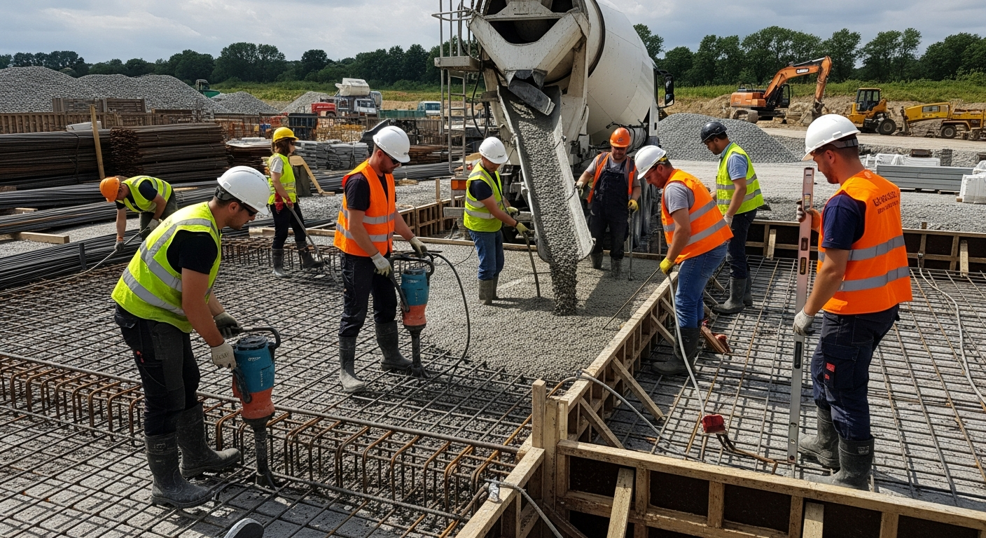 Professionnels en plein travaux de radier