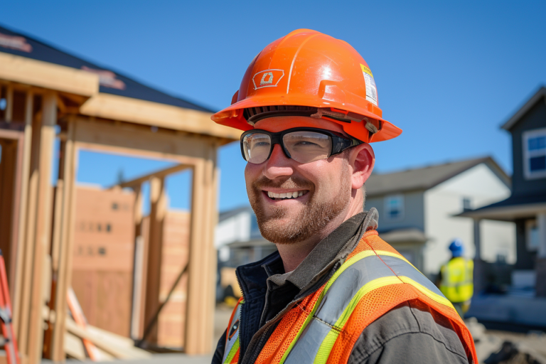 Ouvrier sur un chantier, souriant, portant un casque de chantier pas cher mais neuf et conforme à la sécurité.