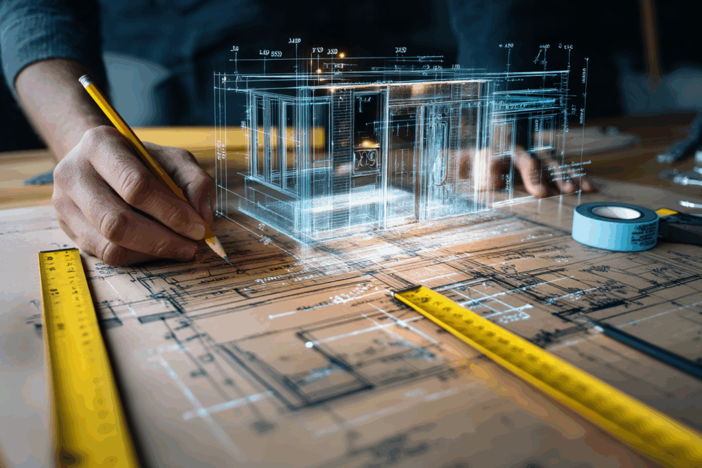 Un plan technique détaillé posé sur une table, accompagné d’outils de mesure et d’une main qui tient un crayon, avec un hologramme de portail flottant.