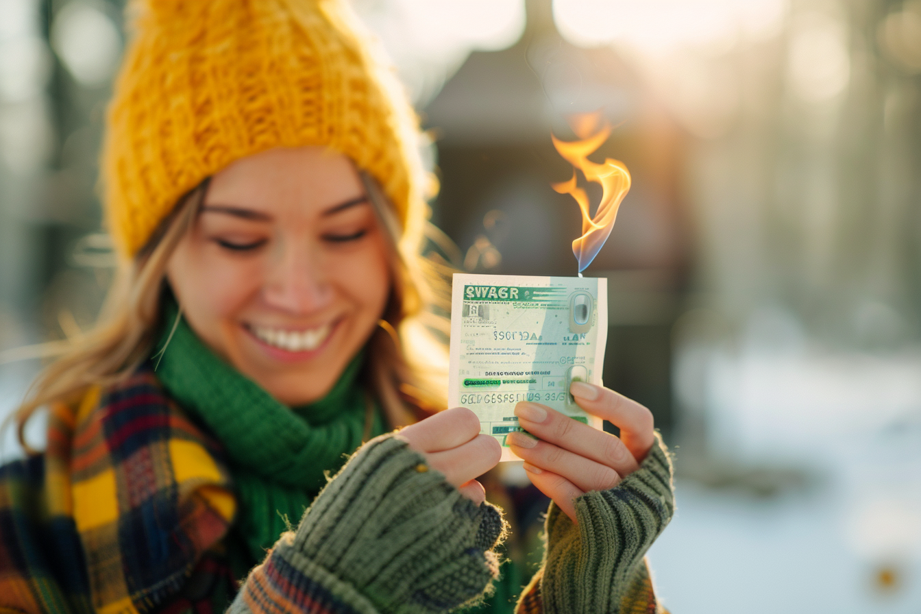 Personne souriante découvrant une facture de gaz allégée, symbolisant une économie réelle.