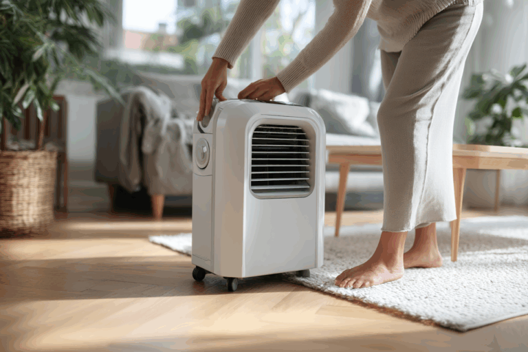 Photo d'une personne installant un climatiseur mobile dans un salon moderne