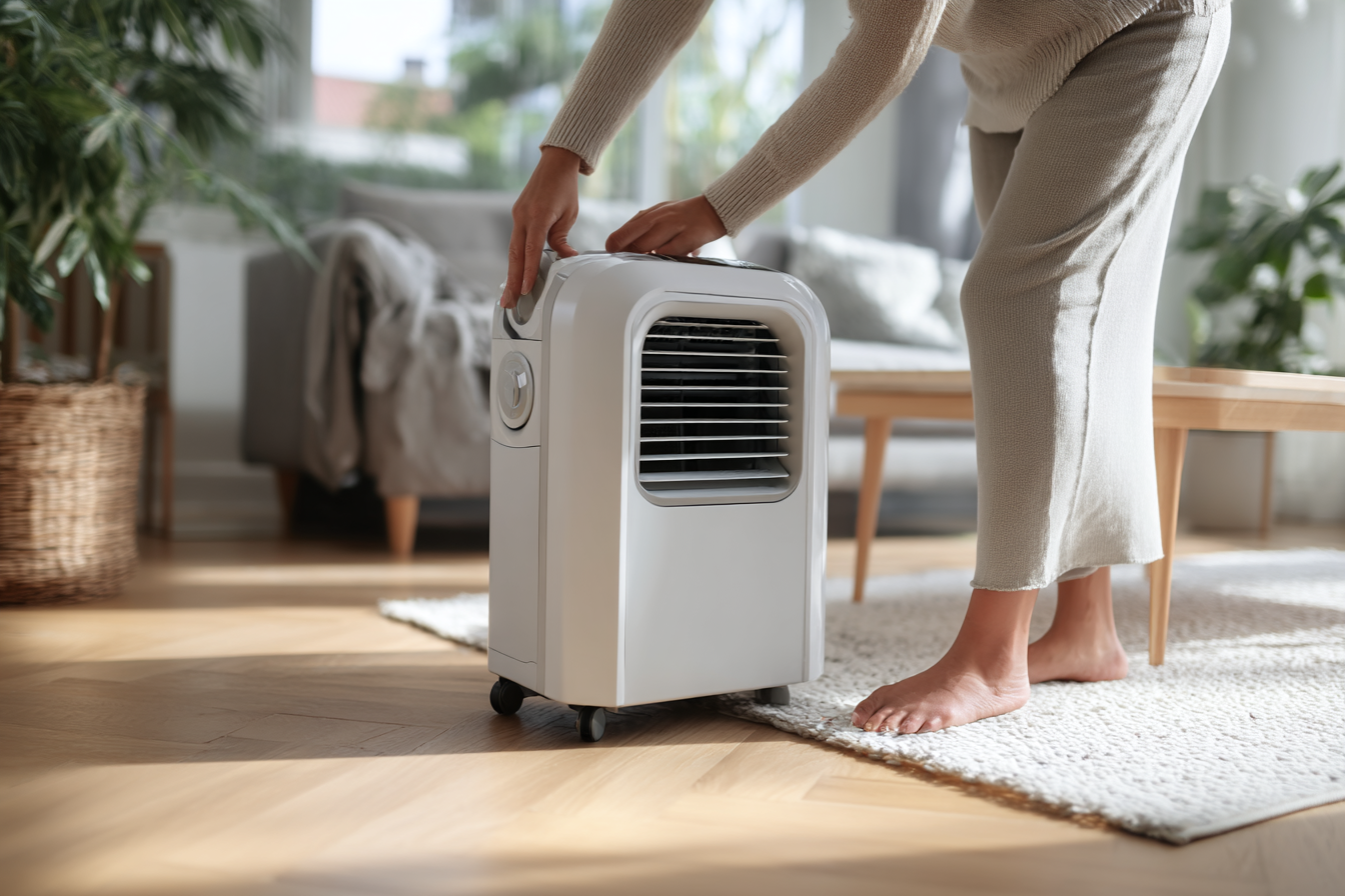 Photo d'une personne installant un climatiseur mobile dans un salon moderne