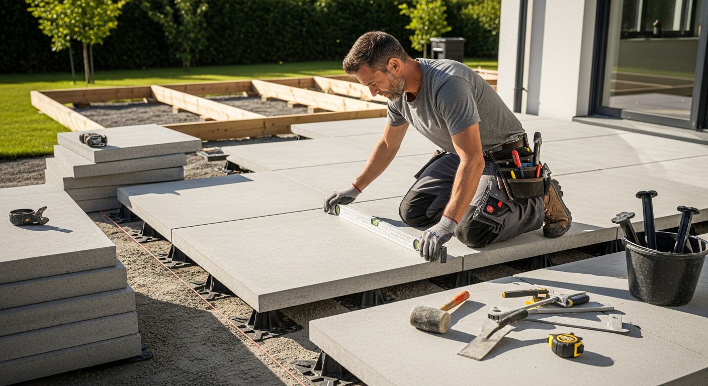 Profesisonnel pendant la mise en place de terrasse sur plot