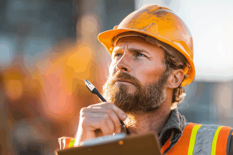 Un artisan réfléchit au coût de son assurance décennale sur un chantier, document à la main, en pleine prise de décision.