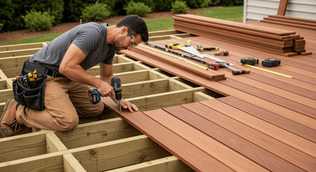 Profesisonnel pendant la mise en place de terrasse en bois ipe