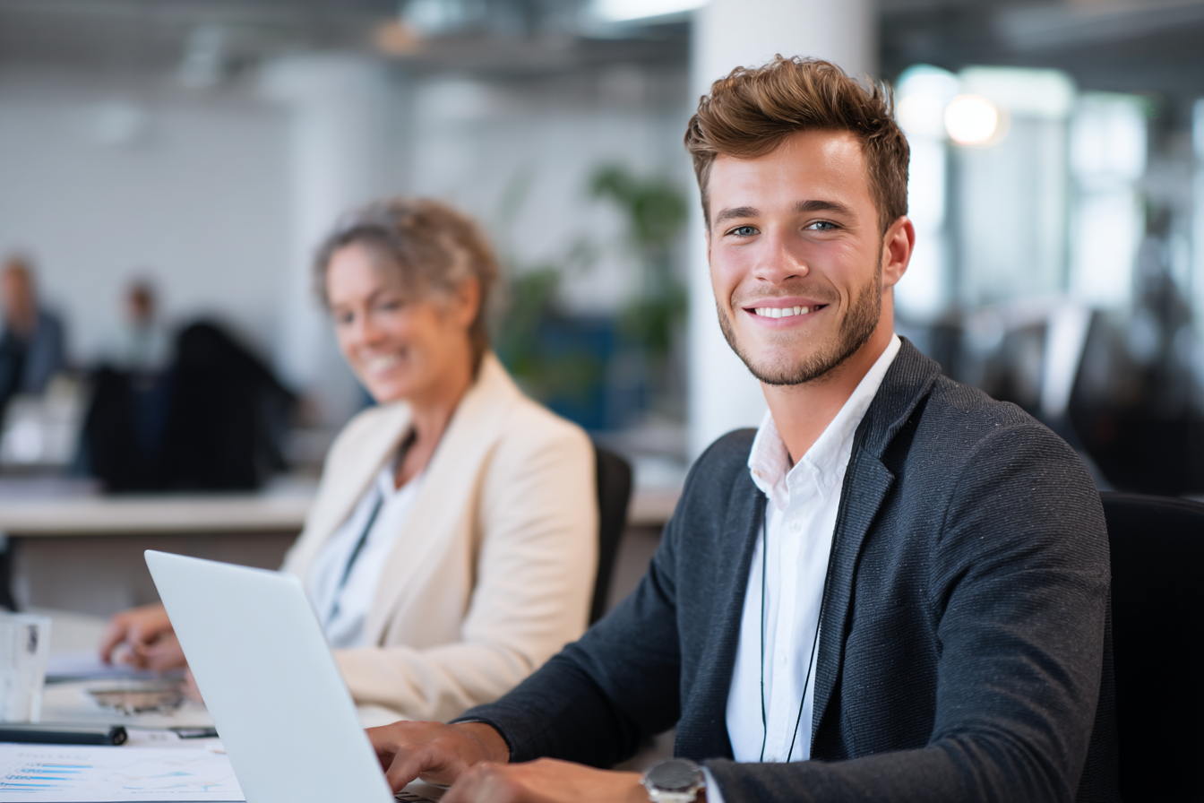 Un jeune apprenant d’environ 20 ans, en tenue semi-classe, assis dans un bureau moderne et minimaliste, à côté d’un professionnel qui regarde son ordinateur portable