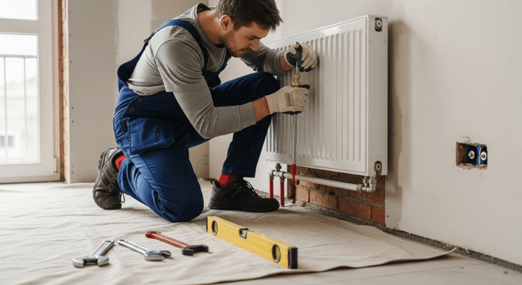 Professionnel pendant la repose de radiateur