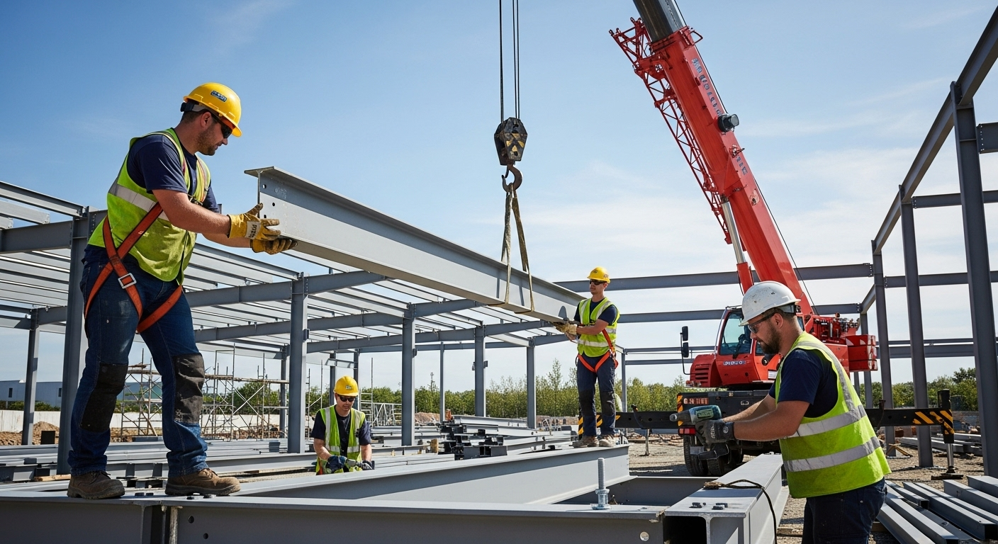 Ouvriers qui travaillent sur l'installation charpente métallique