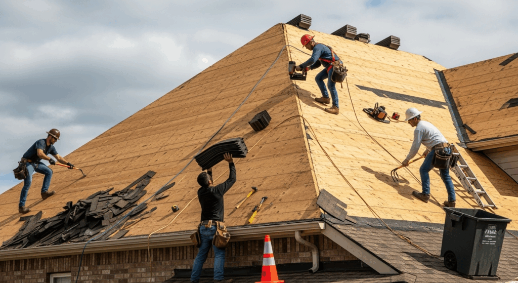 Ouvriers qui travaillent sur la rénovation d'une toiture