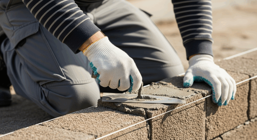 une personne en tenue de travail (pantalon gris, manche rayée) agenouillée, construisant un muret de jardin