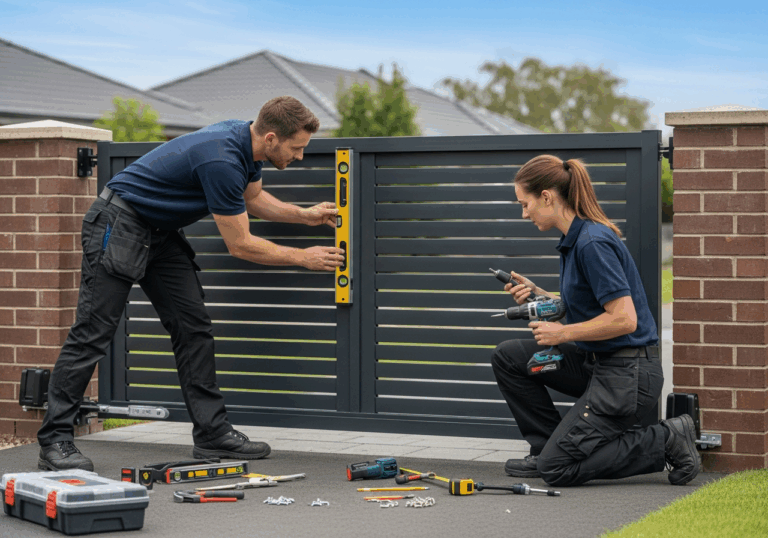 Scène réaliste de deux techniciens installant un portail moderne, ajustant les pièces avec précision, outils visibles et éclairage naturel.