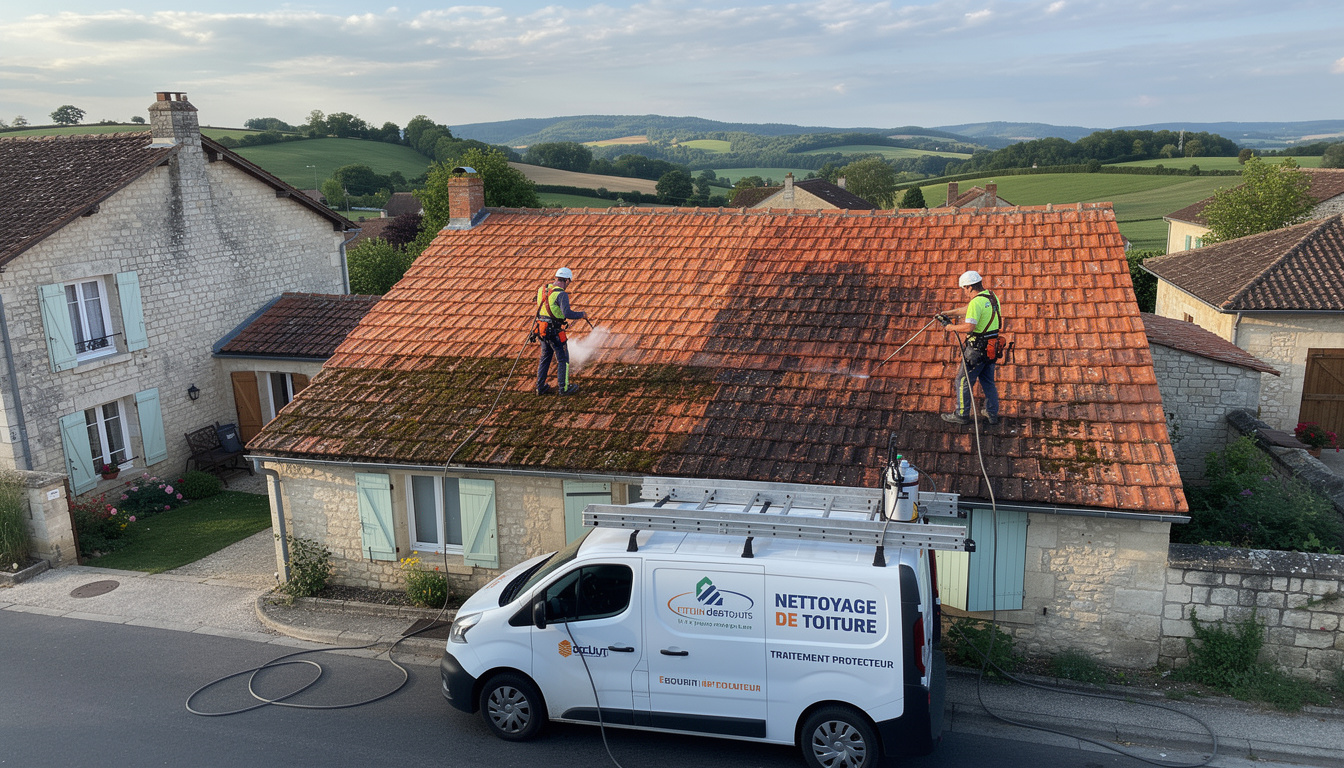 service professionnel de nettoyage de toiture à feucherolles pour éliminer l'encrassement causé par une végétation dense, assurant la protection et la durabilité de votre habitation.