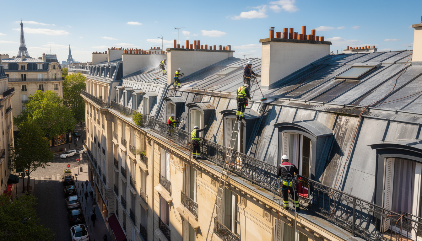 service professionnel de nettoyage de toiture dans le 8e arrondissement pour redonner éclat et beauté aux toits haussmanniens, en assurant durabilité et protection.