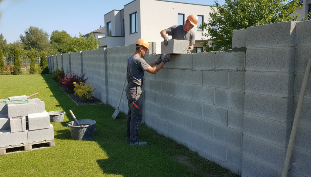 travaux de pose de mur en parpaing par deux profesionnels