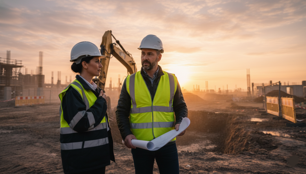Discussion entre un expert en construction et un client sur un terrain