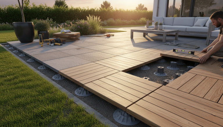 Travaux de pose de terrasse en dalles sur plot en bois