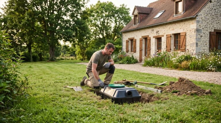 Un homme agenouillé installe une petite cuve noire dans une tranchée sur gazon devant une maison ancienne avec des outils.