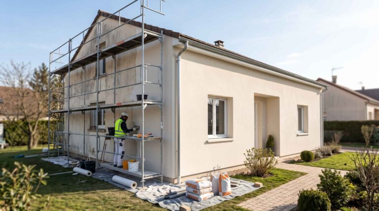 Une maison individuelle présente le contraste saisissant entre son mur rénové et son pignon en cours de traitement sous échafaudage.