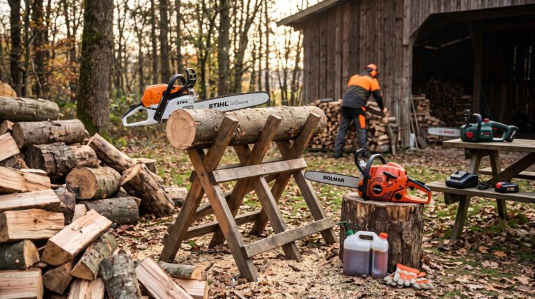 Trois tronçonneuses sont installées sur un chevalet, une souche et une table devant un tas de bois en pleine forêt.