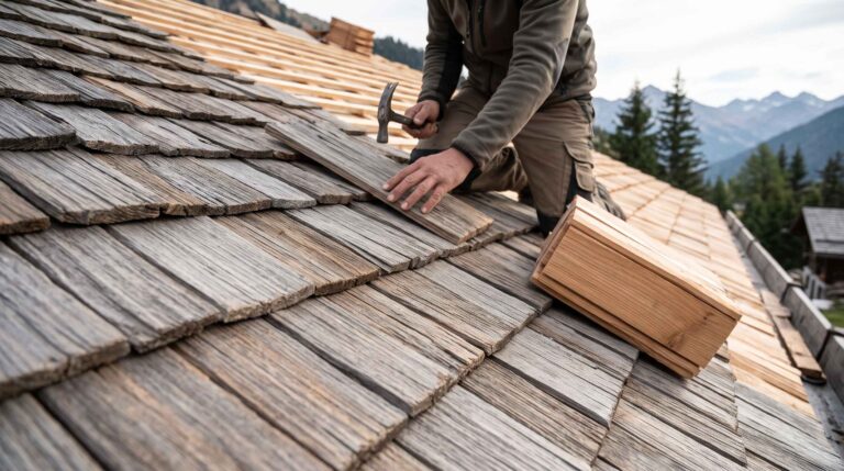 Un artisan couvreur installe avec précision des bardeaux traditionnels sur un toit de chalet face aux sapins des massifs alpins.
