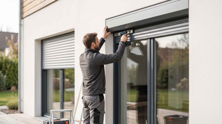 Un technicien en tenue grise ajuste le mécanisme supérieur du volet extérieur sur la façade blanche avec une visseuse portative.